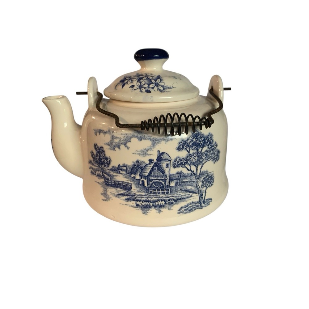 VTG Nevco Japan Farmhouse Delft Style Blue & White Ceramic Teapot Scenic Floral